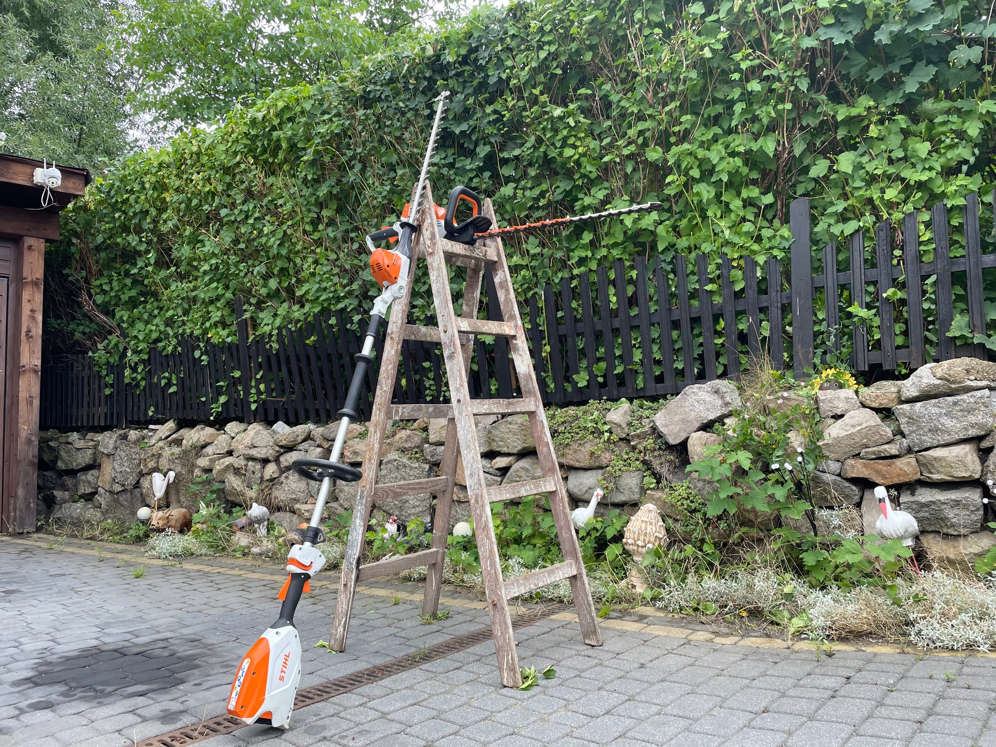 Drabina z narzędziami Stihl: nożyce do żywopłotu i podkaszarka, na tle żywopłotu i kamiennego murku z dekoracjami ogrodowymi.
