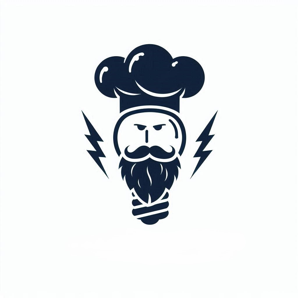 Grafika: Żarówka z brodą i wąsami w czapce kucharskiej, otoczona błyskawicami. Minimalistyczny, granatowy design na białym tle.