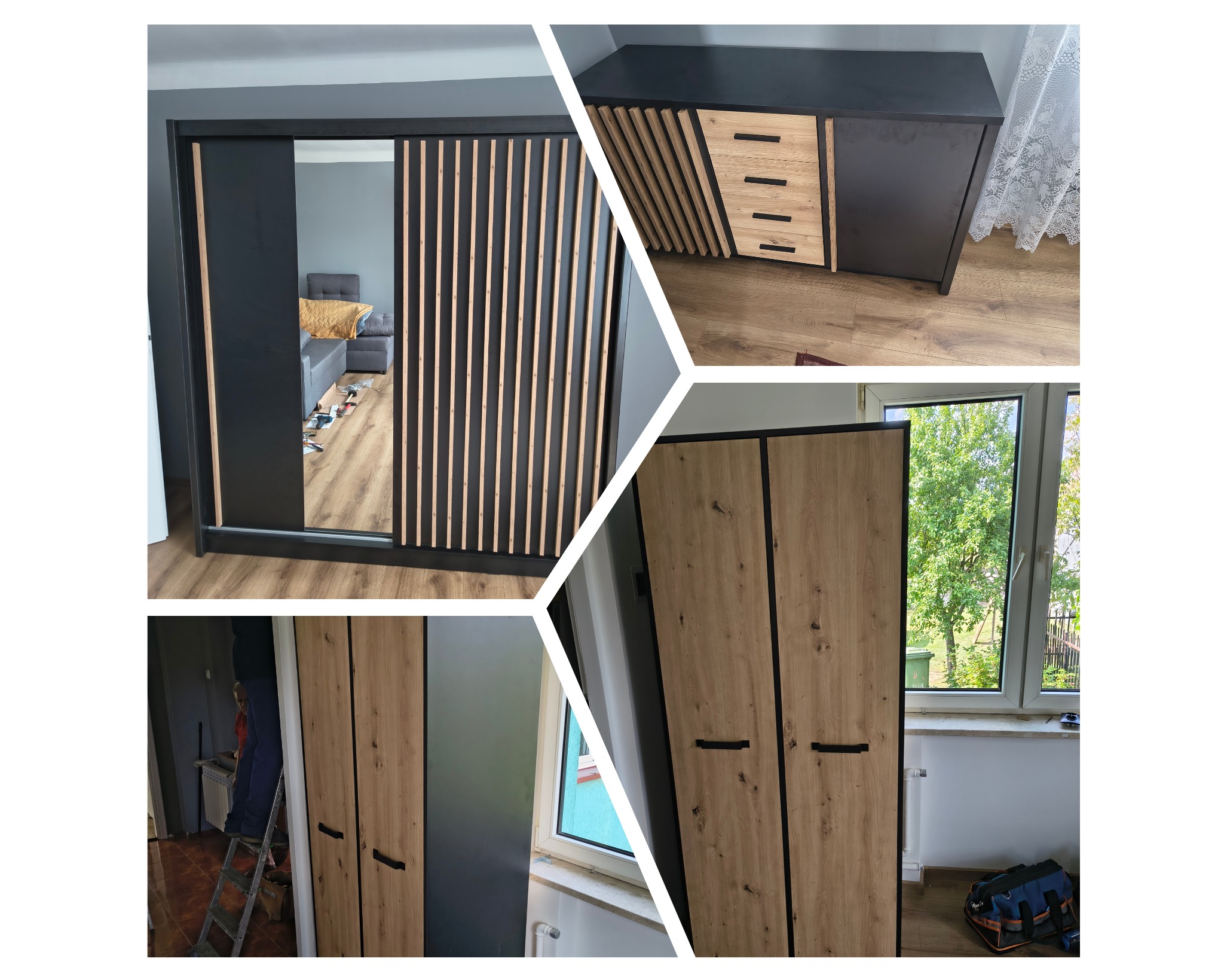 Kolaż zdjęć: szafa przesuwna z lustrem i lamelami, komoda z szufladami i szafa dwudrzwiowa z drewnopodobnymi frontami i czarnymi obramowaniami.