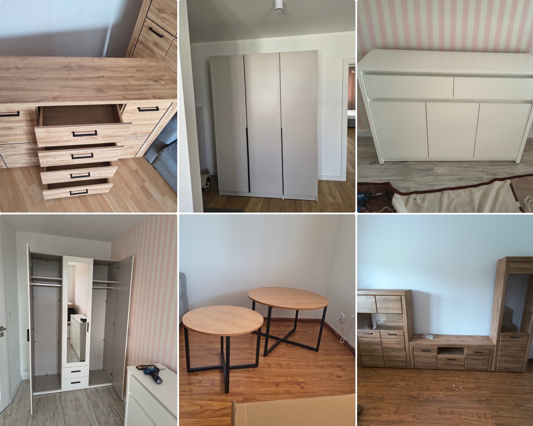 Komplet mebli pokojowych: szafa trzydrzwiowa z lustrem, komoda z otwartymi szufladami, szafka RTV i stoliki kawowe na drewnianej podłodze.