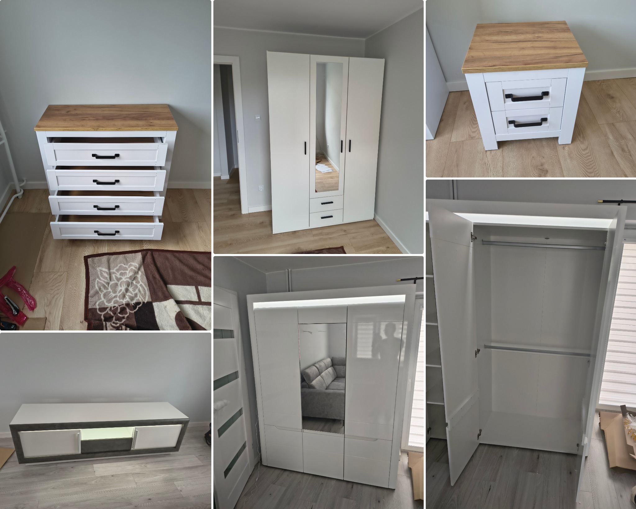 Komplet białych mebli: szafa z lustrem, komoda z drewnianym blatem i szafka nocna. Nowoczesny design, jasne wnętrze, panele podłogowe. Widok z różnych perspektyw.