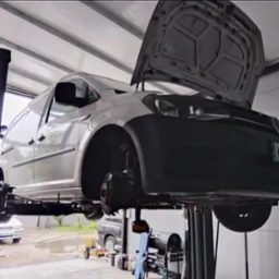 Samochód dostawczy na podnośniku w warsztacie, z otwartą maską i zdjętym kołem, ukazujący mechanizm zawieszenia. Widoczne narzędzia i wyposażenie warsztatu.