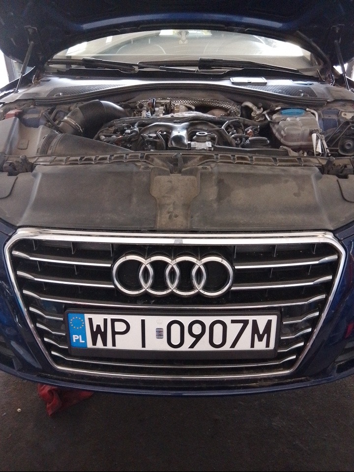 Otwarta maska niebieskiego Audi z widocznym silnikiem i tablicą rejestracyjną. Detal na logo marki i chłodnicę. Widoczny fragment warsztatu.