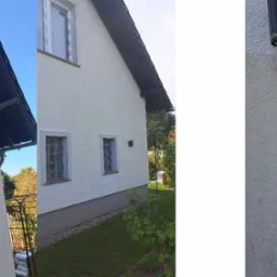 Fragment elewacji domu przed i po czyszczeniu, widoczne różnice w odcieniu i zabrudzeniach. Porównanie stanu przed i po zabiegu mycia.