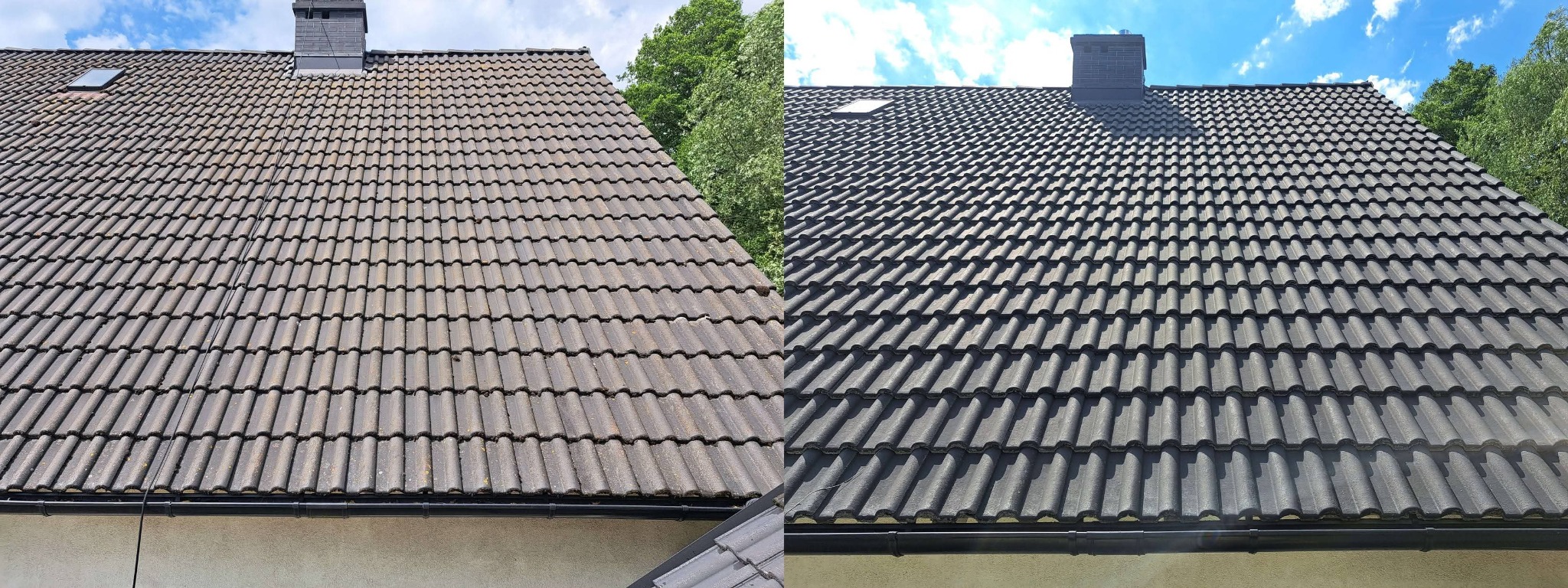 Dachówka ceramiczna, połowa dachu wyczyszczona, widoczny efekt przed i po. Ciemnoszary dach po czyszczeniu kontrastuje z zabrudzoną, brązowawą częścią.