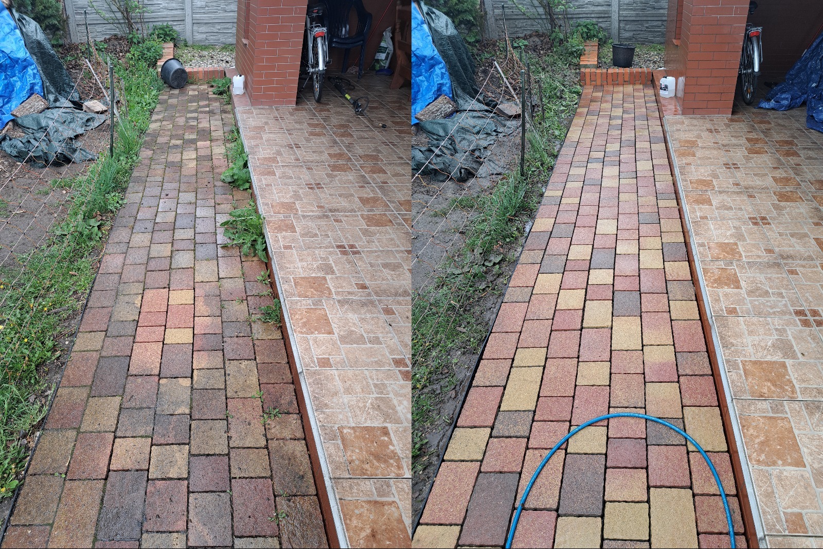 Efekt mycia kostki brukowej w Nowej Soli, prezentujący różnicę przed i po czyszczeniu. Po lewej brudna, po prawej czysta kostka, widoczny fragment niebieskiego węża.