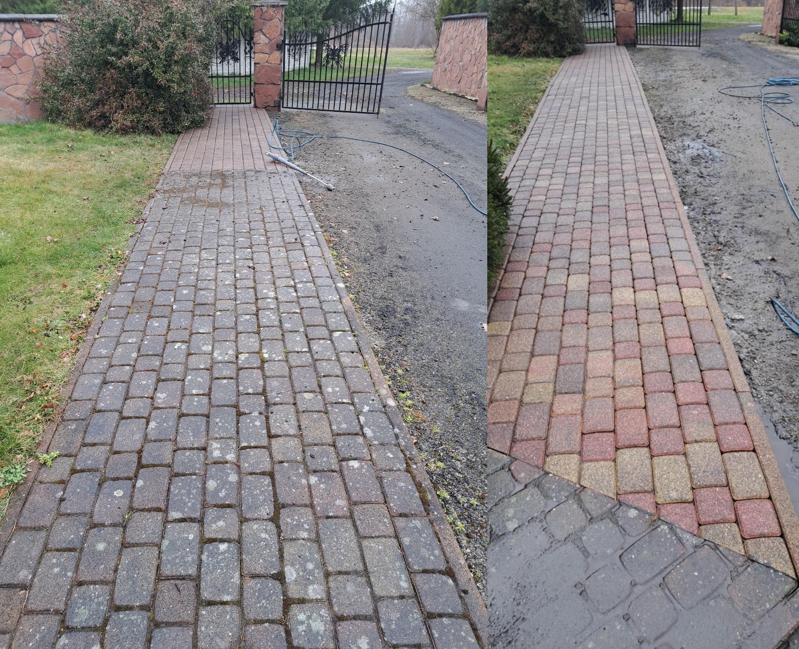 Efekt mycia kostki brukowej: po lewej stronie kostka pokryta zabrudzeniami, po prawej - czysta, z intensywnym kolorem. Widoczne przejście i różnica w wyglądzie.