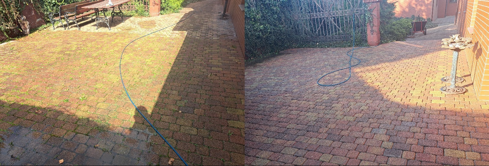 Zdjęcie kostki brukowej przed i po czyszczeniu, z wyraźną różnicą w kolorze i braku zabrudzeń. W tle zieleń i elementy architektury ogrodowej.