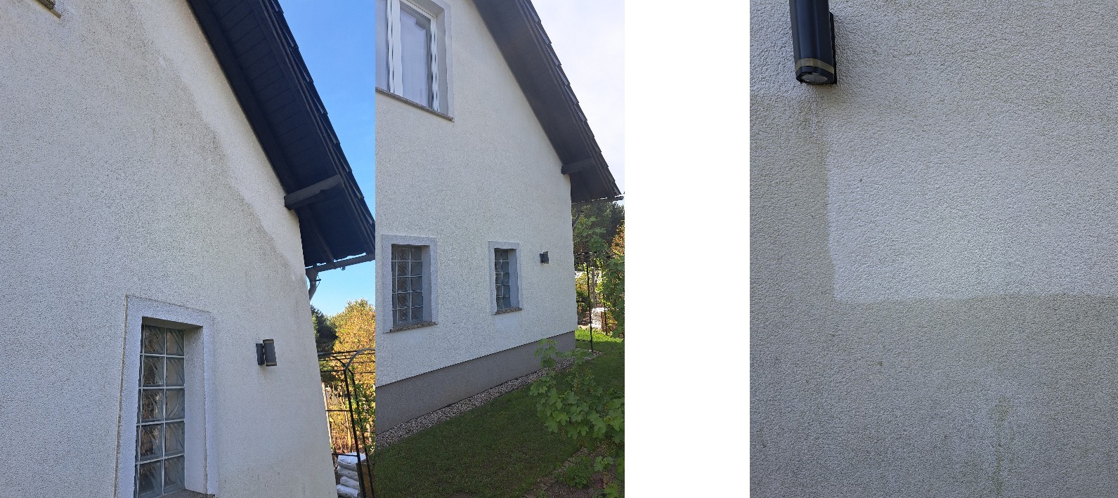 Fragment elewacji domu przed i po czyszczeniu, widoczne różnice w odcieniu i zabrudzeniach. Porównanie stanu przed i po zabiegu mycia.
