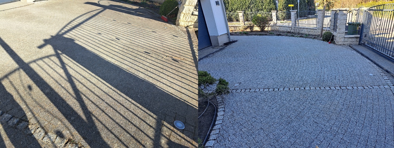 Zdjęcie kostki brukowej przed i po czyszczeniu, z widocznym cieniem bramy po lewej stronie i czystą powierzchnią po prawej, ukazujące różnicę w wyglądzie.