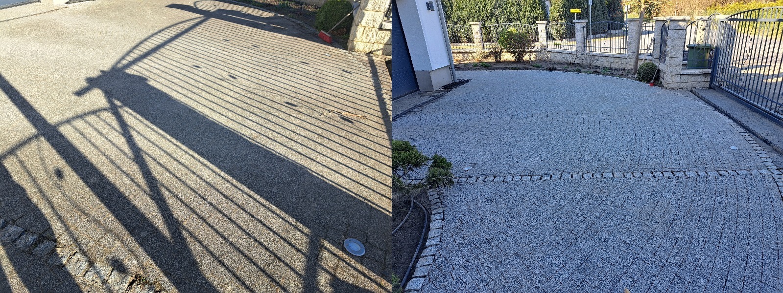 Kostka brukowa przed posesją, podzielona na dwie części. Po lewej w cieniu bramy, po prawej czysta, w pełnym słońcu. Widoczny fragment domu, roślinność i brama.