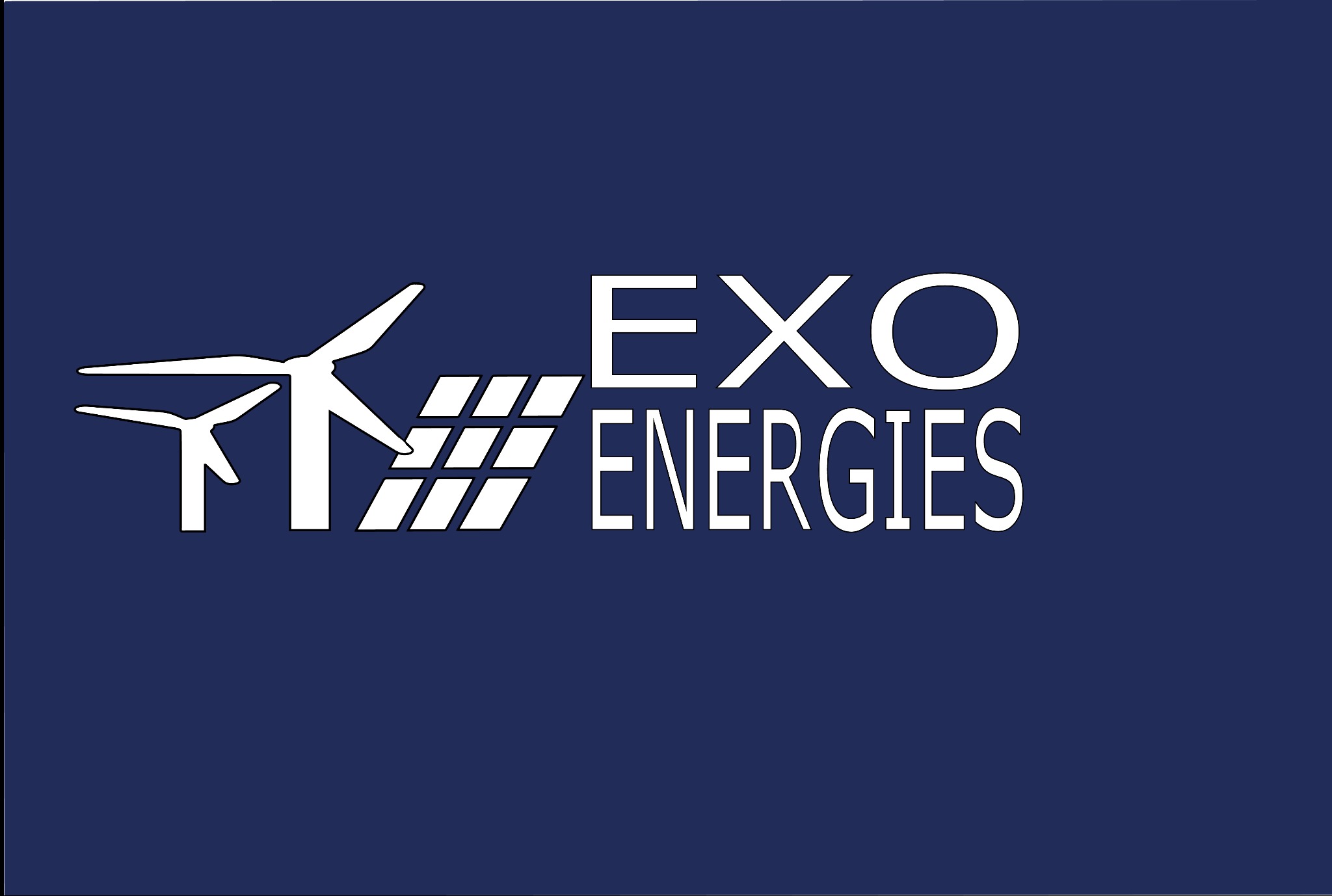 Logo firmy EXO ENERGIES na ciemnoniebieskim tle, z symbolami wiatraków i paneli słonecznych. Biały, nowoczesny font.
