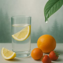 MED-VITOX SPÓŁKA Z OGRANICZONĄ ODPOWIEDZIALNOŚCIĄ - Szklanka wody z cytryną, pomarańcze i truskawki na tle lasu iglastego, kropla wody spadająca z liścia. Zdjęcie promuje zdrowy tryb życia.