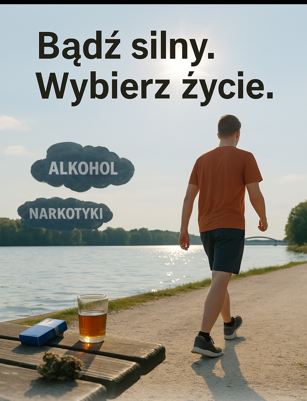 Mężczyzna odwraca się od alkoholu i narkotyków nad jeziorem. Napis: Bądź silny. Wybierz życie. Symbolizuje terapię uzależnień i wybór zdrowego stylu życia.