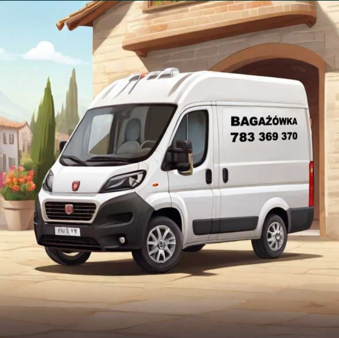 Ilustracja białego busa z napisem 'BAGAŻÓWKA' i numerem telefonu na tle budynku w stylu śródziemnomorskim.
