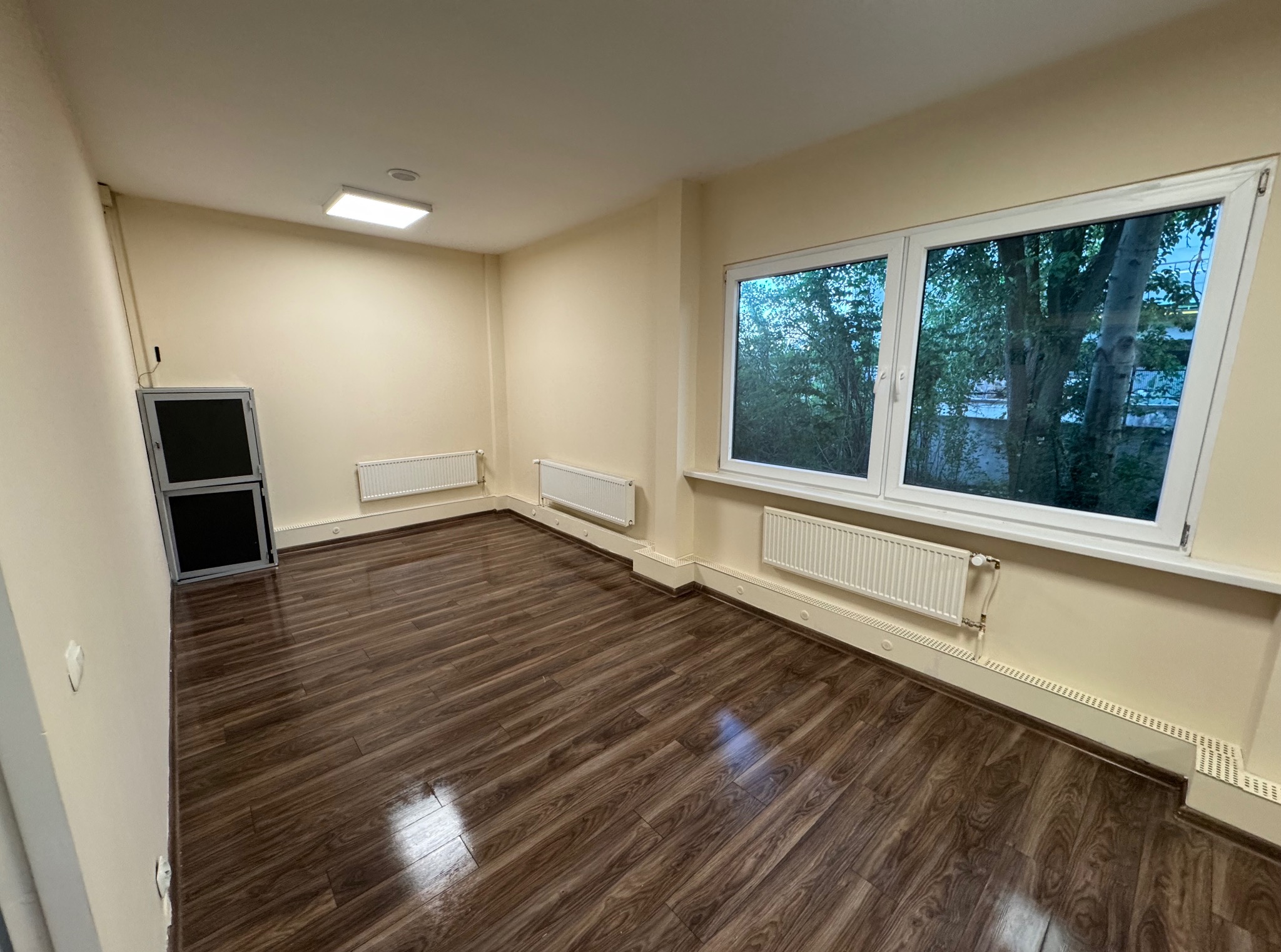 Jasne wnętrze po remoncie: ciemne panele podłogowe, kremowe ściany, białe okna z widokiem na zieleń i grzejniki. Nowoczesne oświetlenie sufitowe.