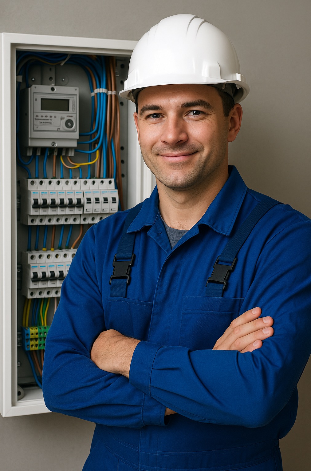 Uśmiechnięty elektryk w kasku i niebieskim kombinezonie stoi na tle skrzynki elektrycznej z bezpiecznikami i przewodami w kolorach niebieskim, żółtym i brązowym.