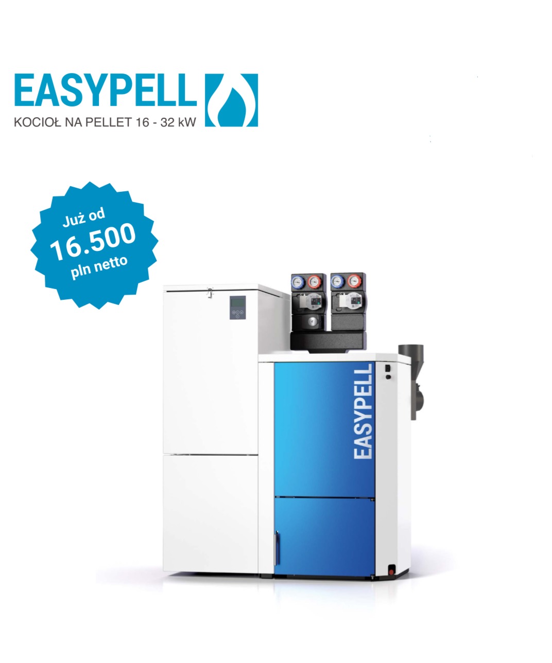 Biało-niebieski kocioł na pellet Easypell 16-32 kW, z widocznym logo i informacją o cenie. Nowoczesny piec na paliwo stałe, widoczny na białym tle.