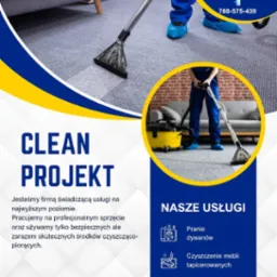 Czyszczenie dywanu szarym odkurzaczem piorącym. Widoczne ślady po czyszczeniu. W tle fragment sofy i pracownik w niebieskim kombinezonie.