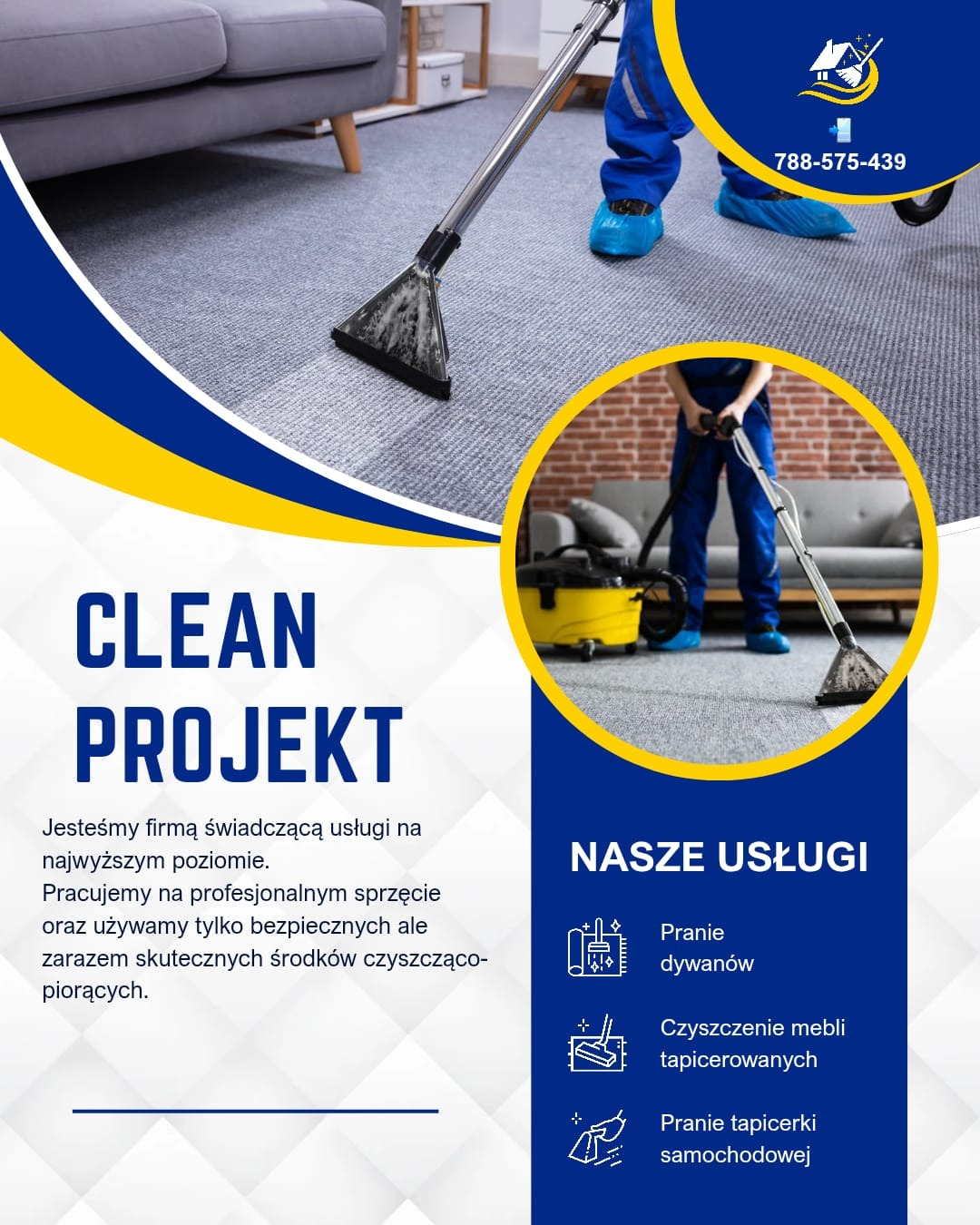 Czyszczenie dywanu szarym odkurzaczem piorącym. Widoczne ślady po czyszczeniu. W tle fragment sofy i pracownik w niebieskim kombinezonie.