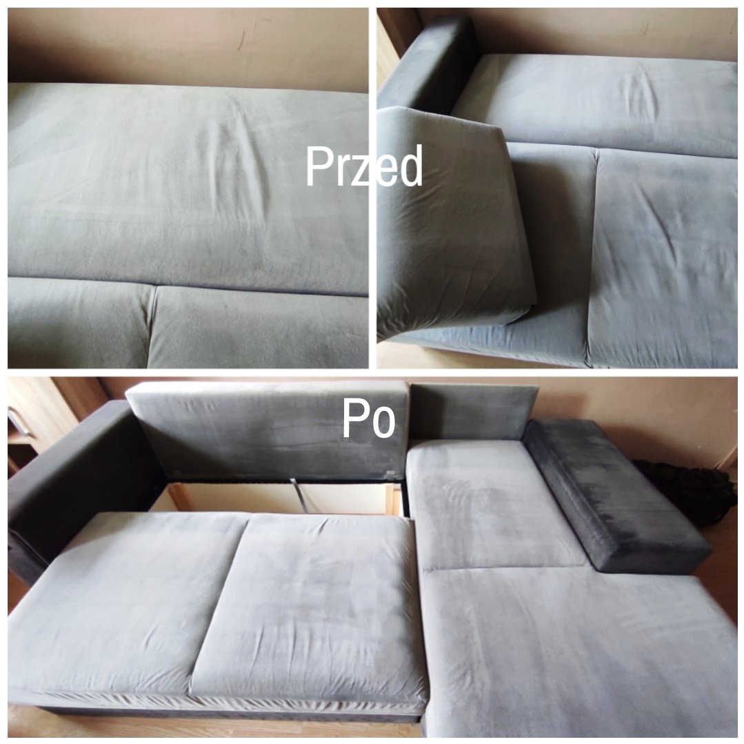 Zdjęcie narożnika przed i po praniu tapicerki. Widoczne wyraźne różnice w czystości i wyglądzie materiału. Narożnik z funkcją spania, otwarty schowek.