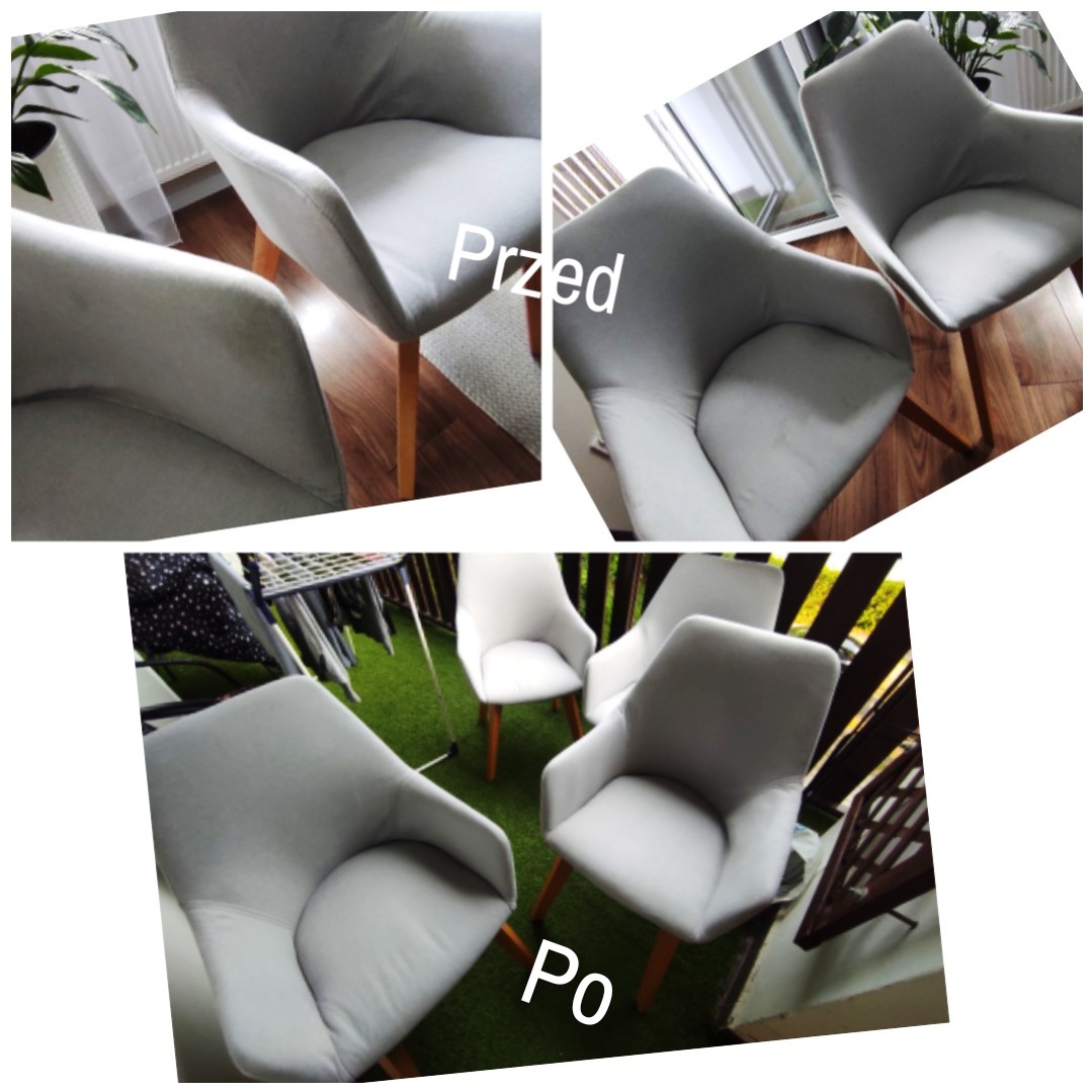 Krzesła tapicerowane 'przed' i 'po' czyszczeniu, ukazane w kolażu. Usługa wykonana w Elblągu. Widoczne różnice w czystości tapicerki.