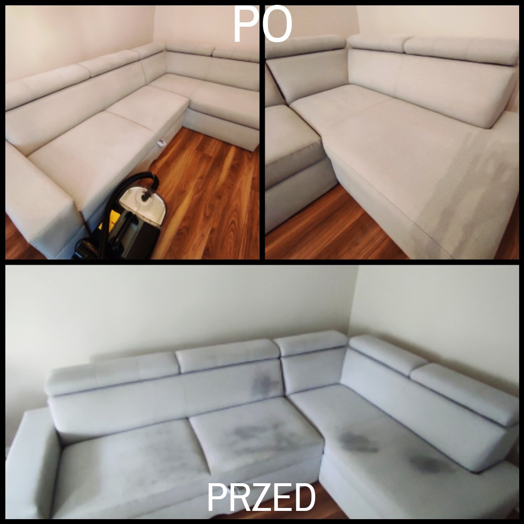 Narożnik tapicerowany przed i po czyszczeniu. W górnej części narożnik po czyszczeniu, z widocznym odkurzaczem piorącym. Dolna część pokazuje narożnik przed.