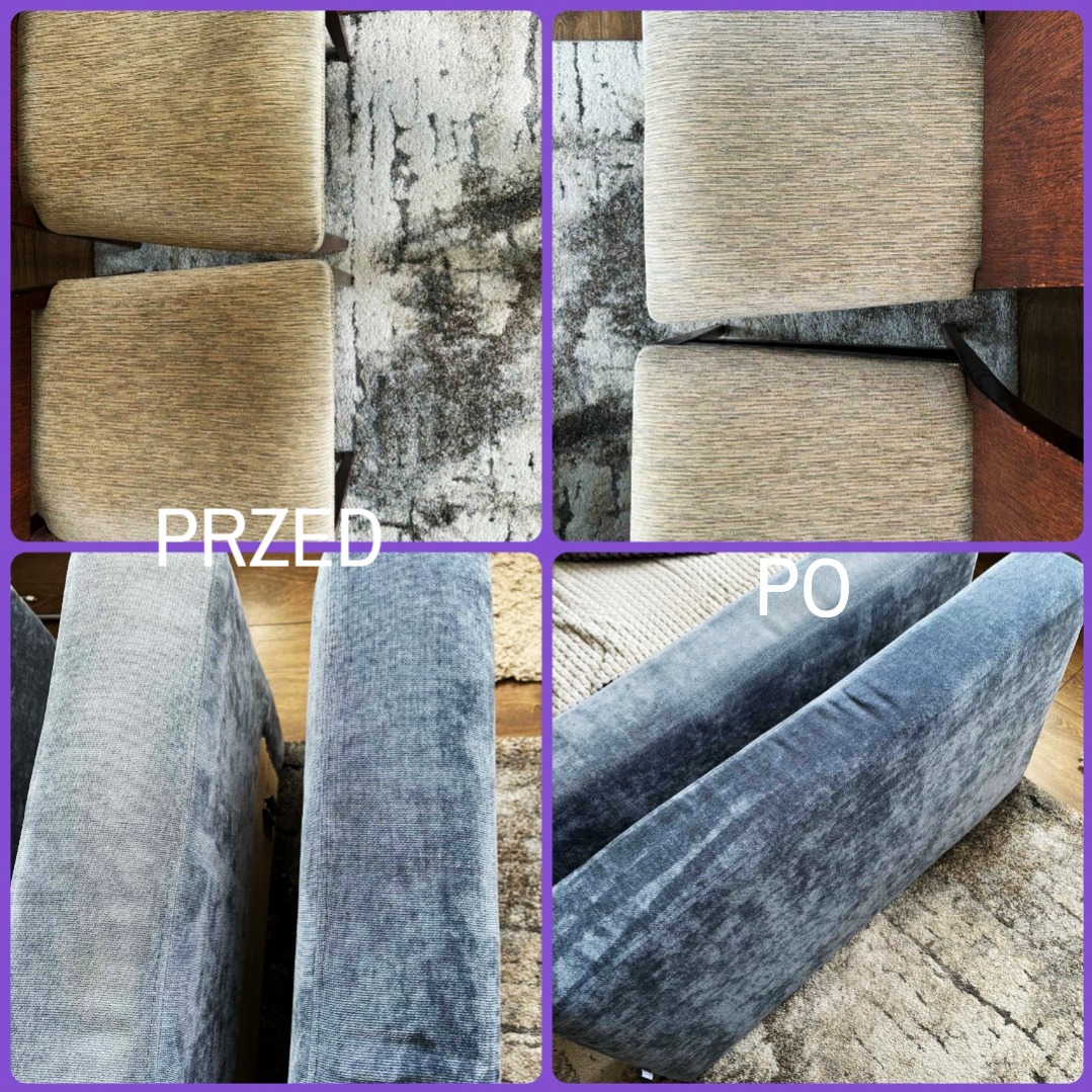 Kolaż 'przed i po' z czyszczenia tapicerki krzeseł i dywanu. Widoczne różnice w kolorze i czystości tkanin. Ujęcie z góry i z boku.