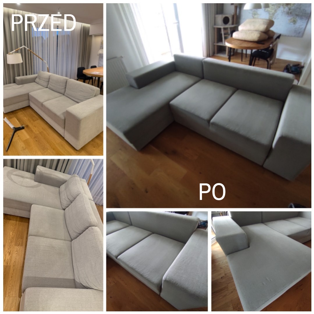 Narożnik modułowy w odcieniach szarości: widok przed i po czyszczeniu. Po prawej stronie widoczne efekty zabiegu.