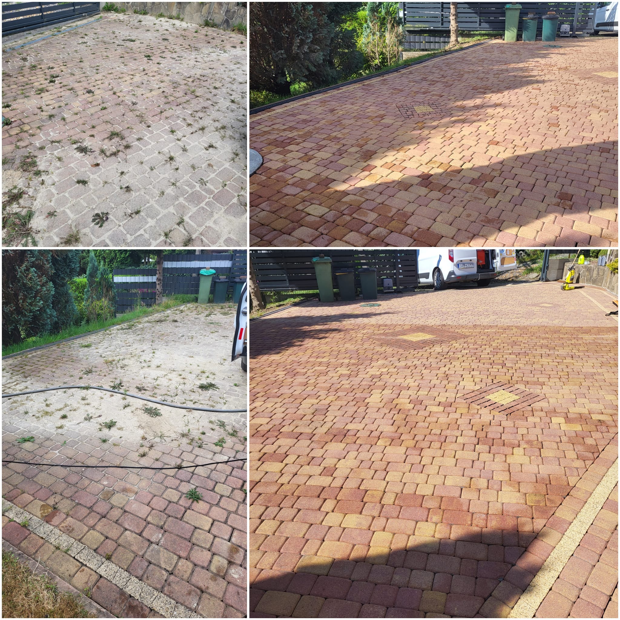 Porównanie stanu kostki brukowej przed i po czyszczeniu. Widoczne różnice w kolorze i usunięcie zabrudzeń, chwastów. Dwa ujęcia - przed i po zabiegu.