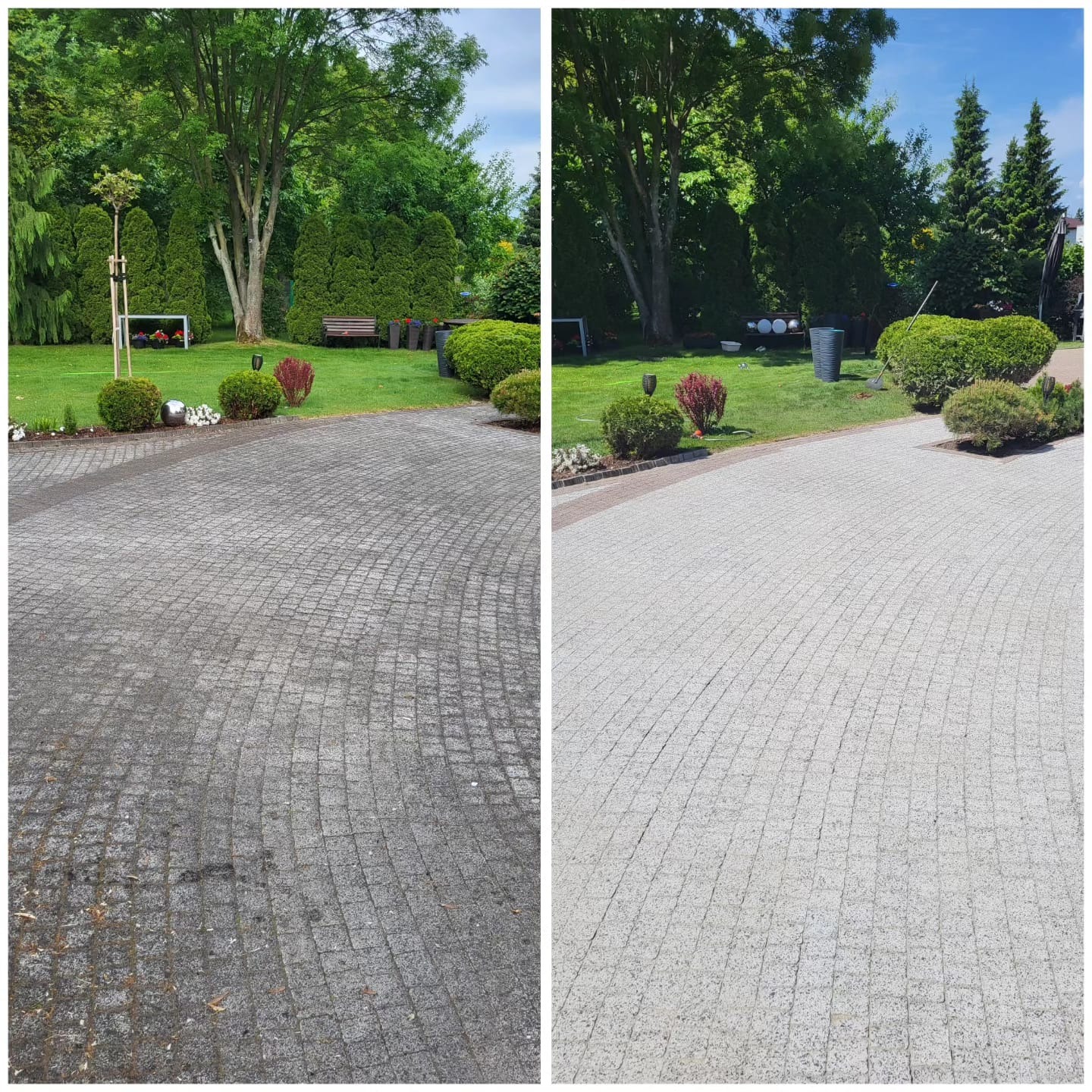 Porównanie: kostka brukowa przed i po czyszczeniu. Lewa strona brudna, prawa czysta, jasnoszara. Tło: trawnik z drzewami i krzewami w słoneczny dzień.