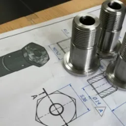 Trzy metalowe elementy z gwintem stojące na technicznym rysunku z wymiarami. Precyzyjna obróbka metalu, detal wykonany z dbałością o szczegóły.