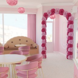 Joanna Staniszewska - Słodkie wnętrze kawiarni: różowe krzesła, stoliki i kanapy w kształcie ciasteczek. Kwiatowy łuk, ekspozycja ciastek. Pastelowy, bajkowy design.