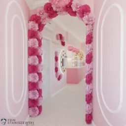 Różowe wnętrze kawiarni z łukiem kwiatowym, dekoracjami w kształcie ciasteczek i ladą. Pastelowa kolorystyka, nowoczesny design, jasne oświetlenie.