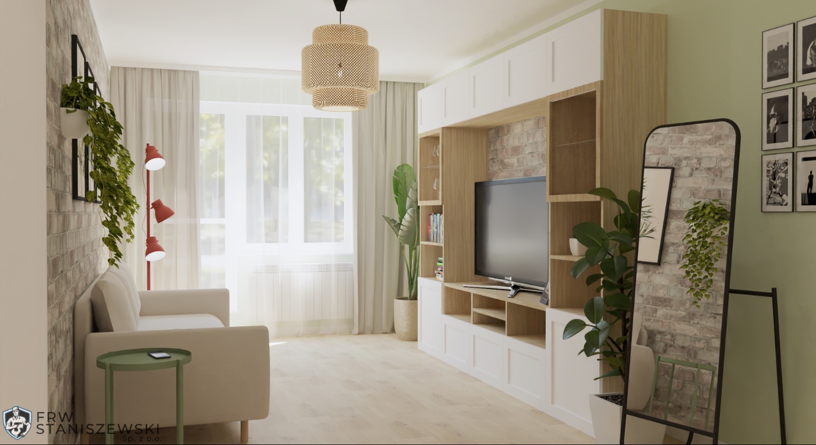 Jasne wnętrze: sofa, regał z TV, ceglana ściana, lustro z rośliną, lampa. Stonowana kolorystyka, naturalne materiały, nowoczesny design. Projekt mieszkania.