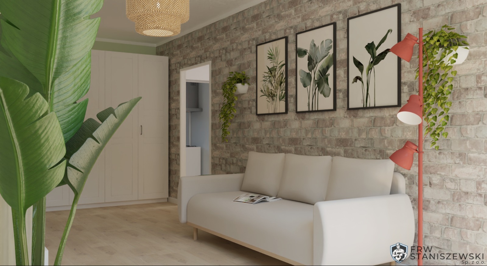 Wizualizacja salonu z ceglaną ścianą, białą sofą i roślinami doniczkowymi. Lampa podłogowa z trzema kloszami. Grafiki roślinne w czarnych ramach.