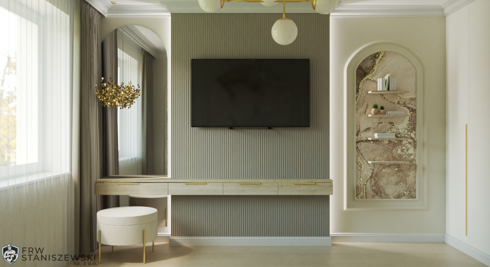 Elegancka aranżacja wnętrza z toaletką, lustrem w łukowej ramie, telewizorem na ścianie z pionowymi panelami i dekoracyjną wnęką z półkami.