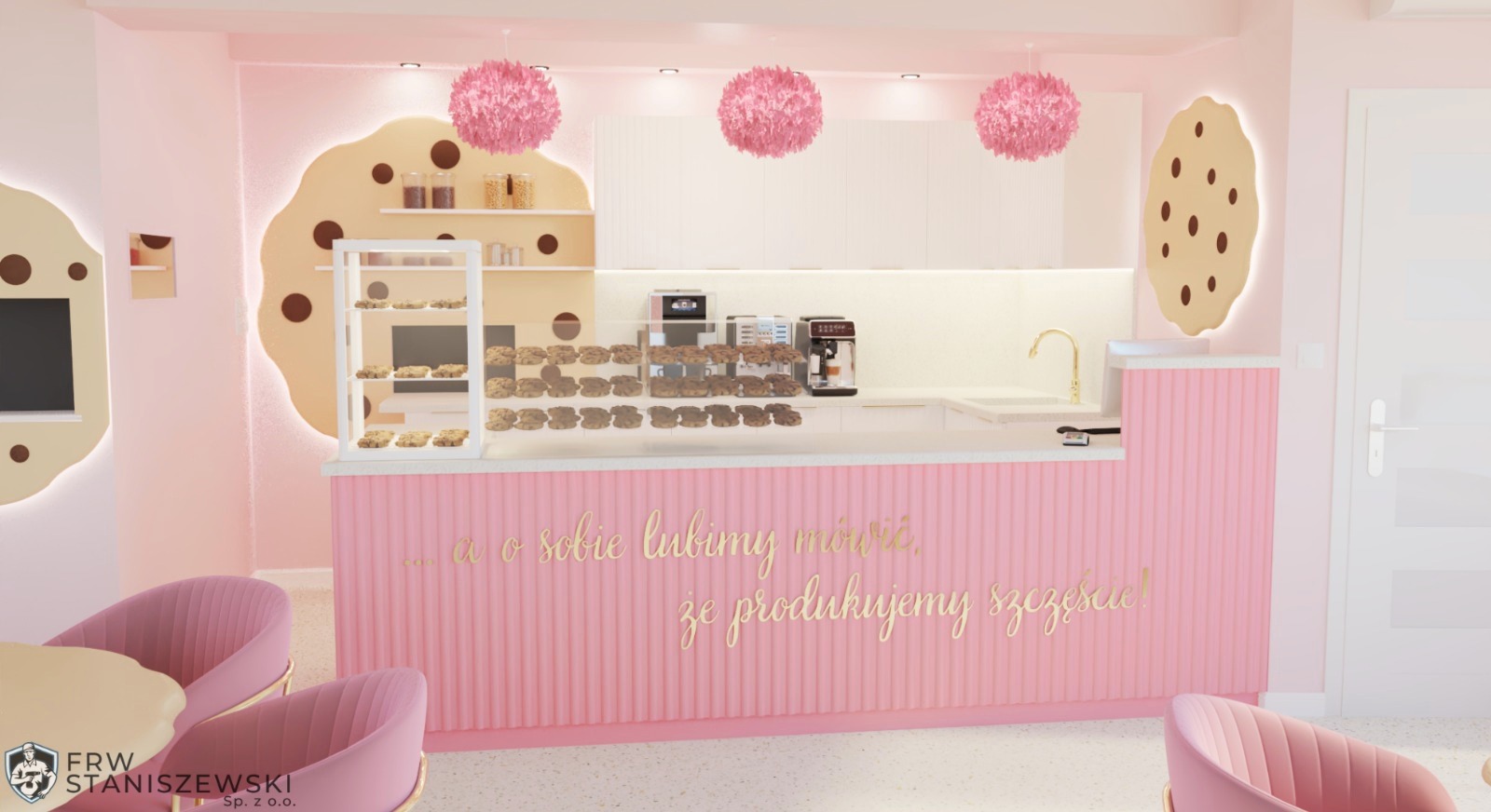 Wnętrze kawiarni w odcieniach różu i bieli. Dekoracje w kształcie ciastek, różowe lampy i krzesła. Na ladzie ekspozycja ciastek i ekspres do kawy.