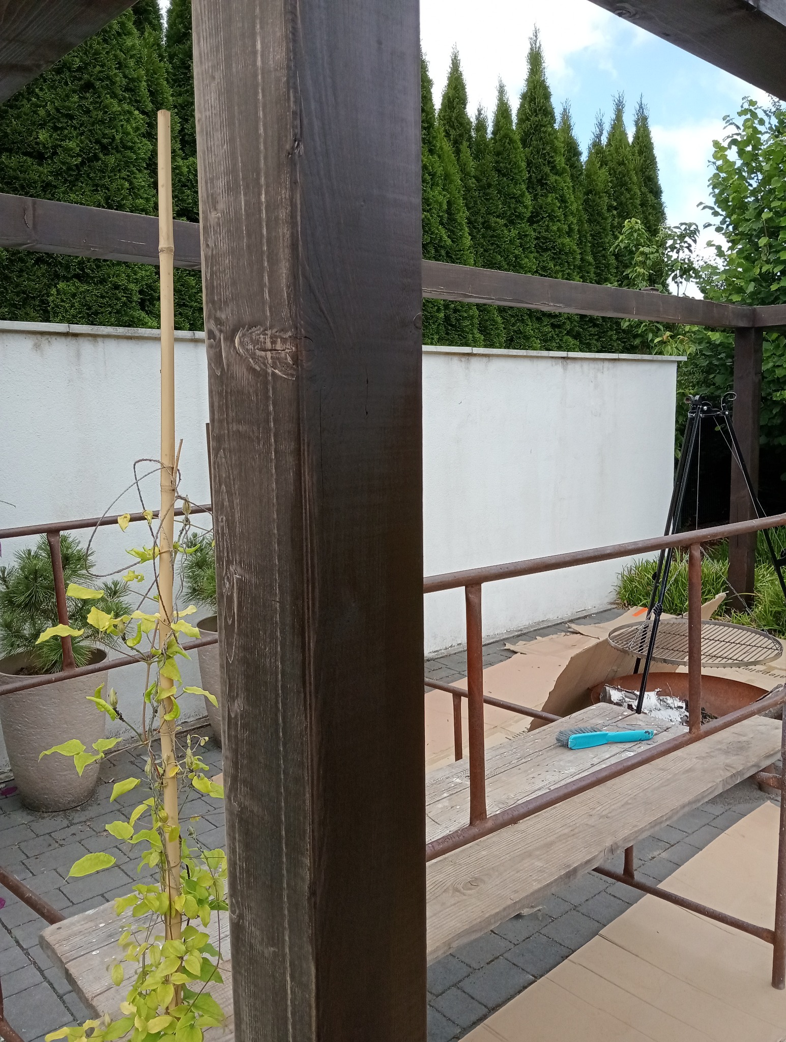 Drewniana konstrukcja pergoli z roślinami na tarasie, widok z bliska na słup, donice z roślinami i rusztowanie robocze. Tło: tuje i biały mur.