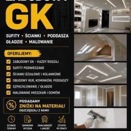 MSM BUD SPÓŁKA Z OGRANICZONĄ ODPOWIEDZIALNOŚCIĄ - Plakat reklamowy usług zabudowy GK: sufity, ścianki, poddasza, gładzie, malowanie. Zniżki na materiał, szybkie terminy, darmowa wycena. Kontakt: msm.bud.kontakt@gmail.com.