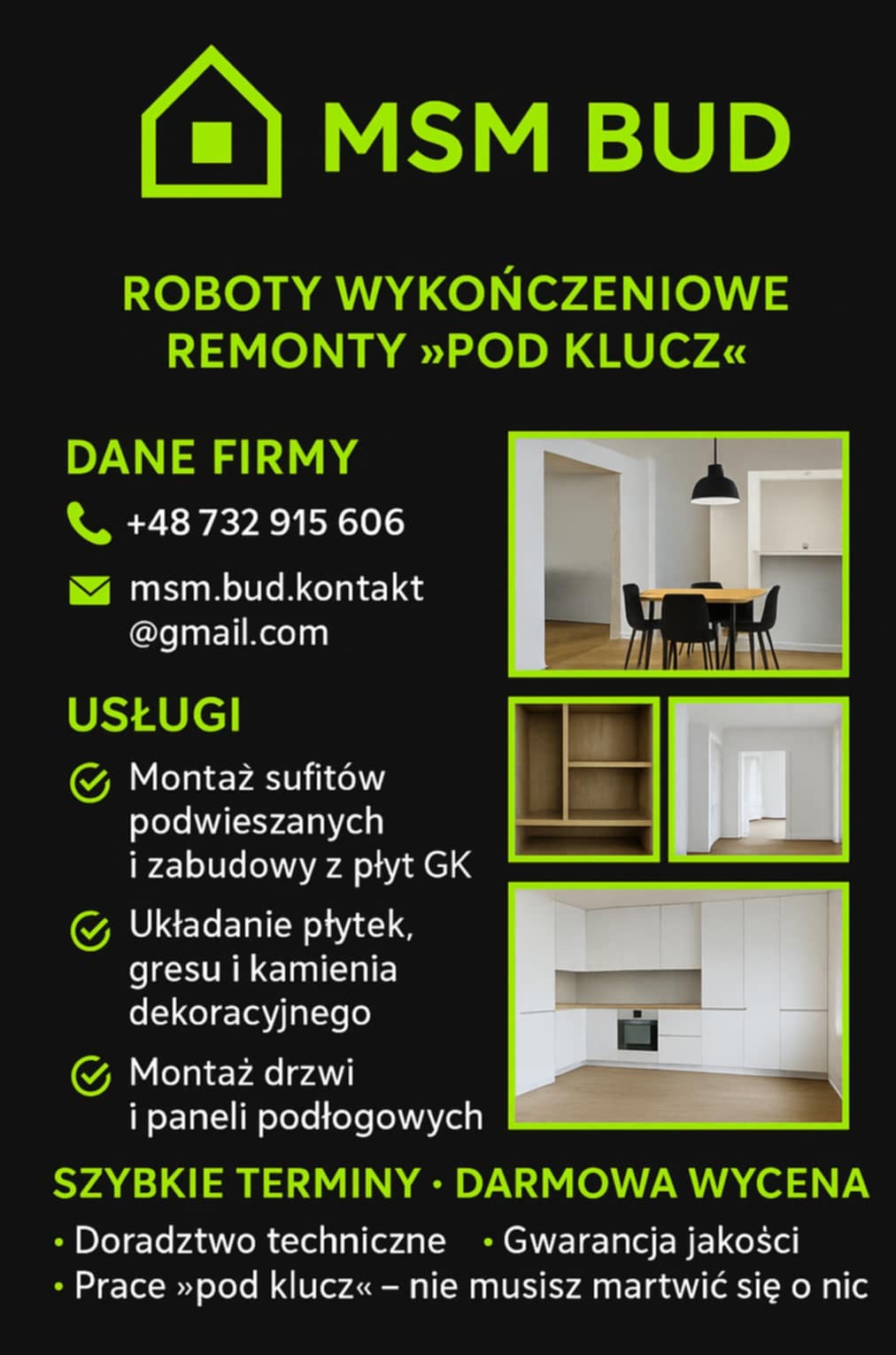Grafika reklamowa firmy remontowej MSM BUD z ofertą robót wykończeniowych, remontów pod klucz, montażu sufitów, układania płytek i montażu drzwi. Kontakt i szybkie terminy.