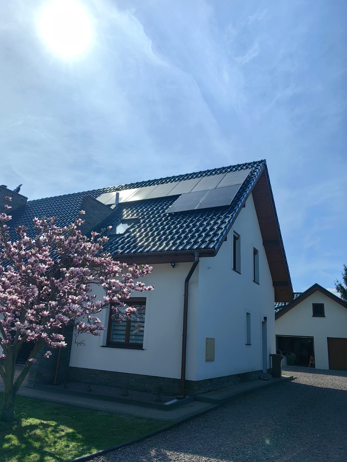 Biały dom jednorodzinny z ciemną dachówką i panelami słonecznymi na dachu, w tle błękitne niebo i kwitnąca magnolia z przodu. Słoneczny dzień.