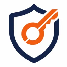 Grafika: klucz wkomponowany w tarczę, symbolizujący bezpieczeństwo i usługi związane z zamkami. Kolorystyka: pomarańczowy klucz na granatowym tle tarczy.