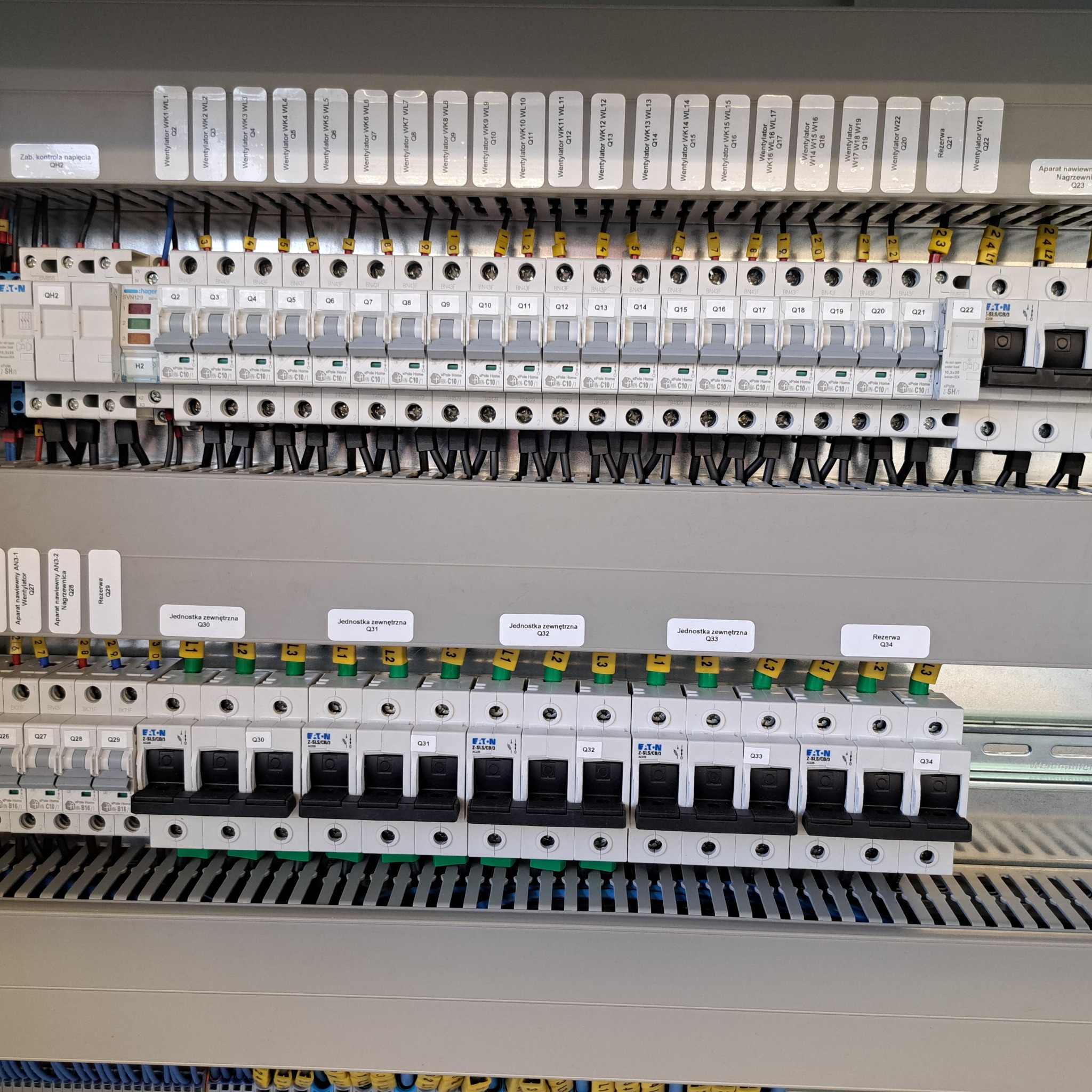 Rozdzielnica elektryczna z bezpiecznikami i okablowaniem, opisana etykietami, widok z bliska na szyny DIN z zainstalowanymi modułami zabezpieczeń i przewodami.