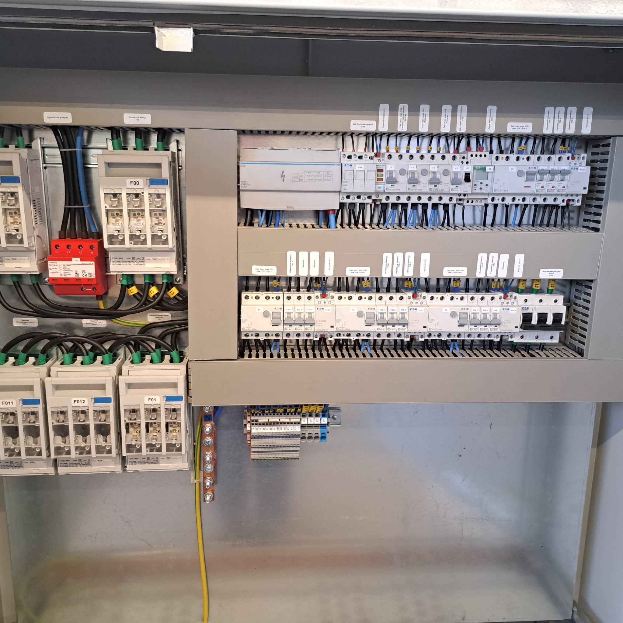 Szara szafa sterownicza z zainstalowanymi bezpiecznikami, przewodami i elementami automatyki. Widoczne oznaczenia i etykiety na poszczególnych komponentach.