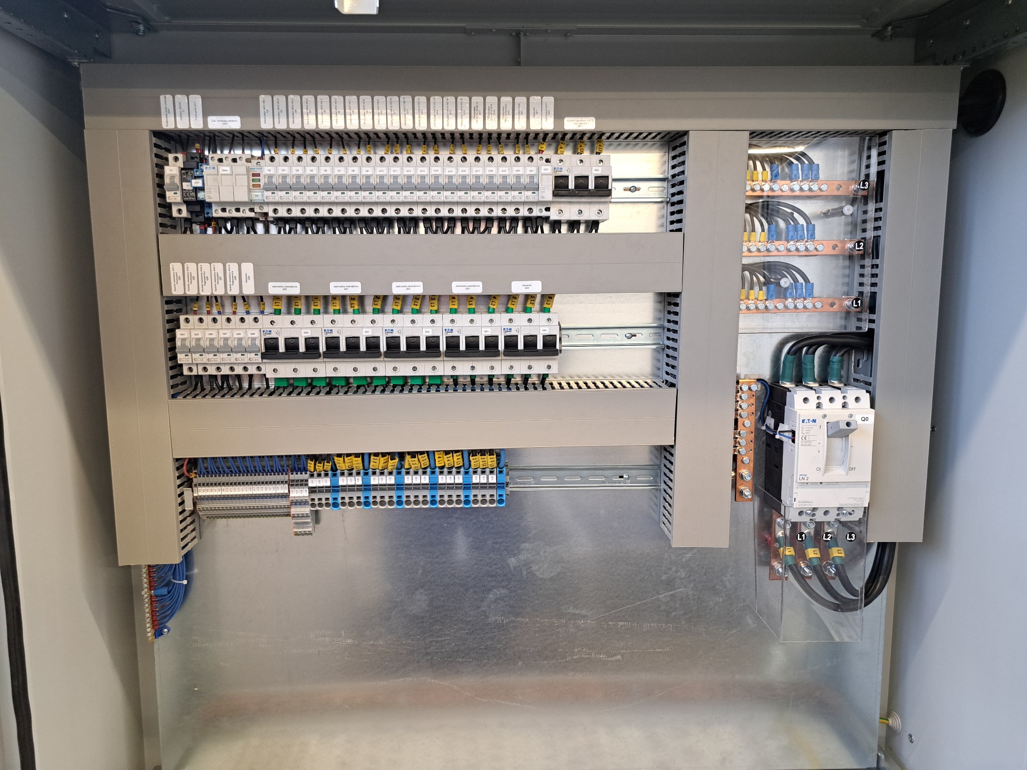 Rozdzielnica elektryczna w szarej obudowie z widocznymi bezpiecznikami, przewodami i listwami zaciskowymi. Przejrzysty układ, etykiety opisowe.