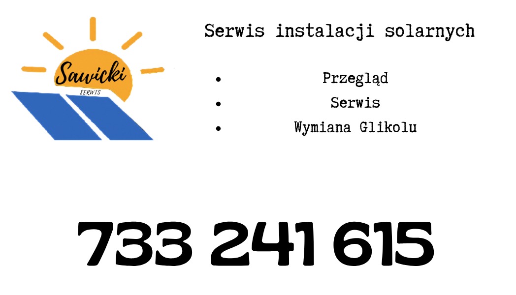 Grafika: Serwis instalacji solarnych Sawicki - przegląd, serwis, wymiana glikolu. Kontakt: 733 241 615. Logo firmy z panelem słonecznym i słońcem.