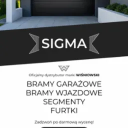 Czarna brama garażowa segmentowa, nowoczesny design, logo Sigma i Wiśniowski, kontakt telefoniczny. Reklama dystrybutora.