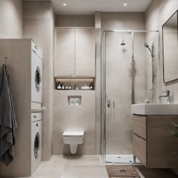 Artem Hilov - Jasna łazienka z pralką w zabudowie, kabiną prysznicową, umywalką z szafką i wiszącą toaletą. Minimalistyczny design, beżowe płytki i oświetlenie punktowe.