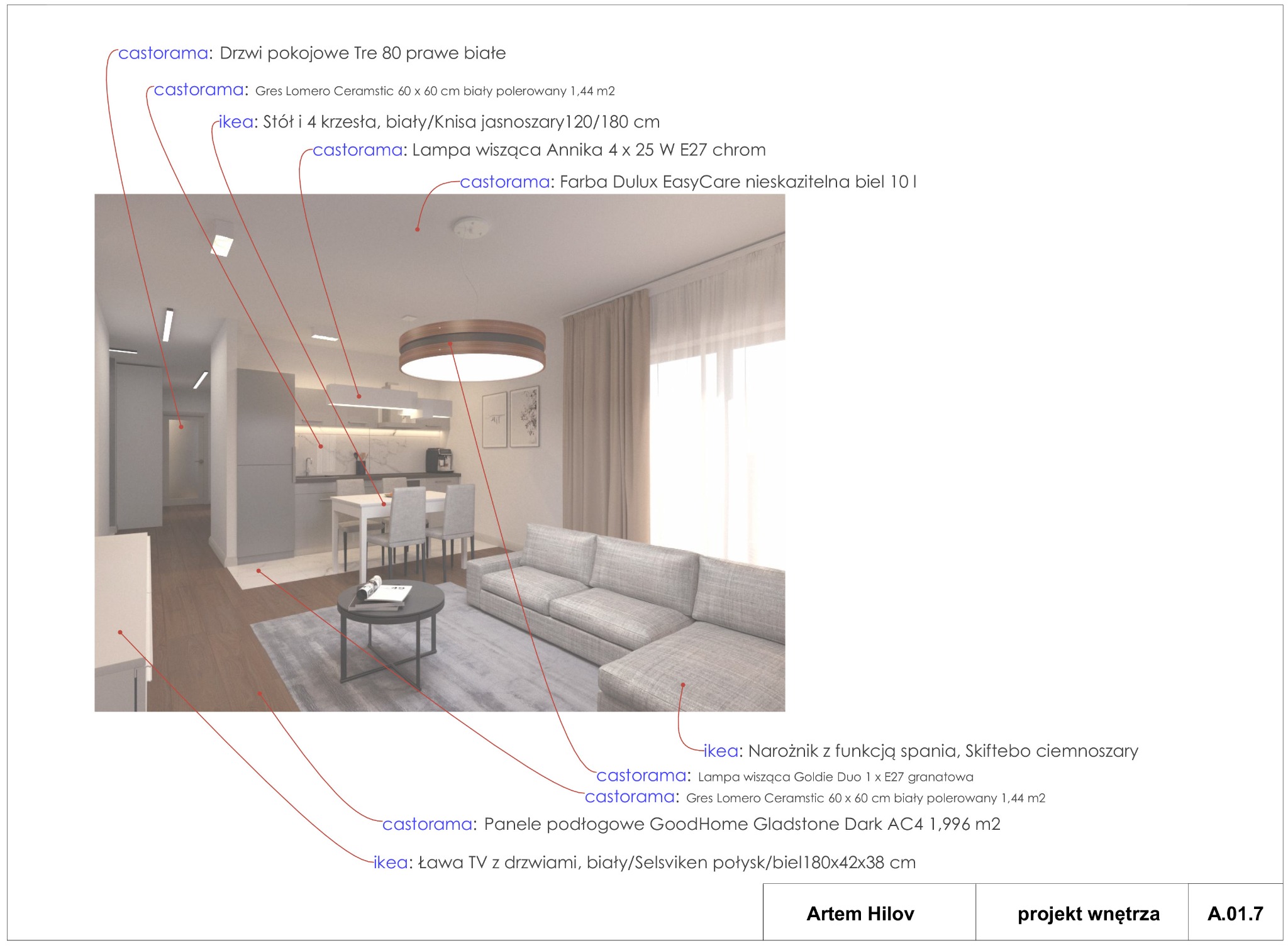 Wizualizacja salonu z aneksem kuchennym: szara sofa narożna, okrągły stolik kawowy, biały stół z krzesłami. Uwagę zwraca lampa wisząca z drewnianym akcentem.